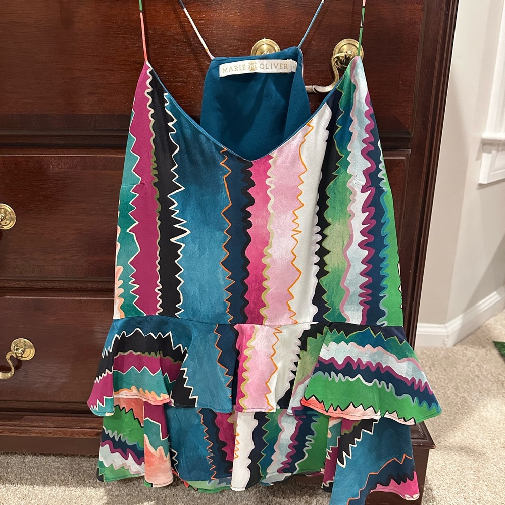 Marie Oliver Multicolor Zigzag Ruffle Slip Top with Teal Accents